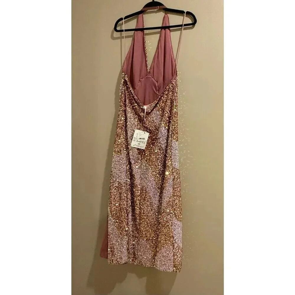 Free People Glitter Gold Pink Sequin Plunging V Neck Midi Dress Large L NWT - Picture 6 of 7